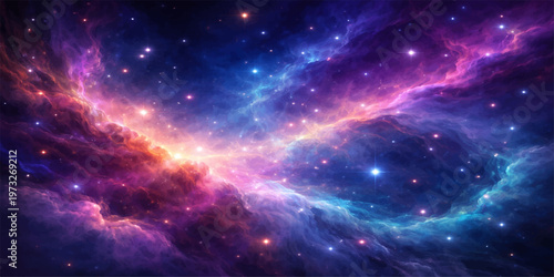 A deep blue abstract nebula glows with bright starlight across a dark cosmic galaxy of outer space fantasy