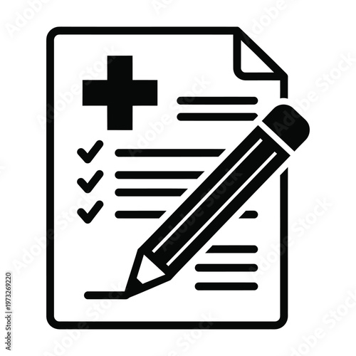 Medical document with health cross checklist and pencil for healthcare report or prescription with medical history with line art