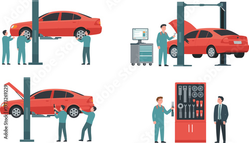 Cartoon car repair in colorful vector illustration of mechanics, garage, tools, and automotive maintenance design