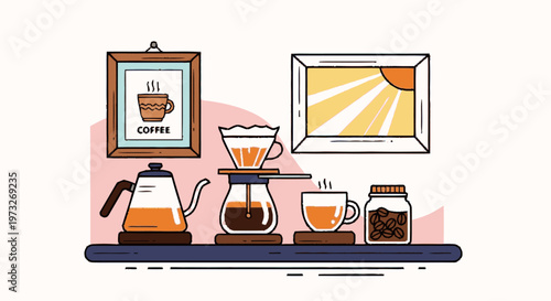 Coffee maker and coffee cups on table.