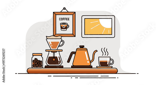 Coffee maker and cup on table.