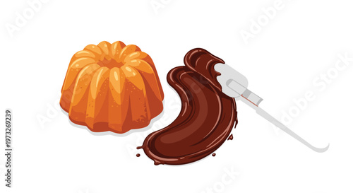 A freshly baked golden bundt cake rests beside a thick artistic smear of glossy dark chocolate being spread by a professional white-handled metal spatula.
