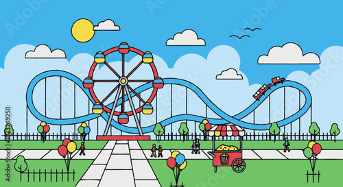 Colorful amusement park ride attractions.