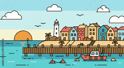 Colorful cartoon boat on pier near houses.