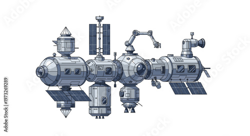 A detailed lateral view of a sophisticated interstellar research station equipped with a mechanical robotic arm and modules under bright studio lighting.