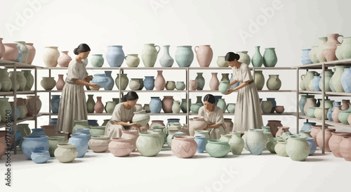 Women working with ceramic pottery.