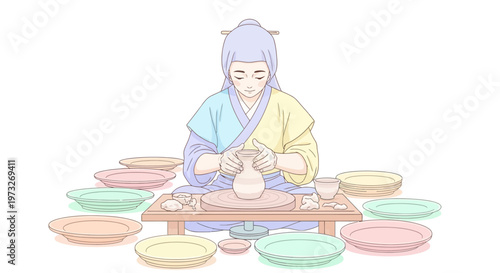 Woman making pottery on table.