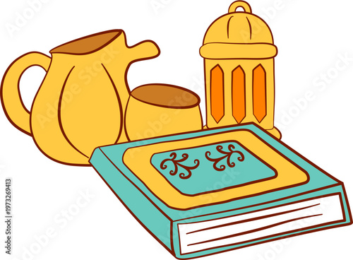 Holy Quran book with traditional Arabic coffee and dates set