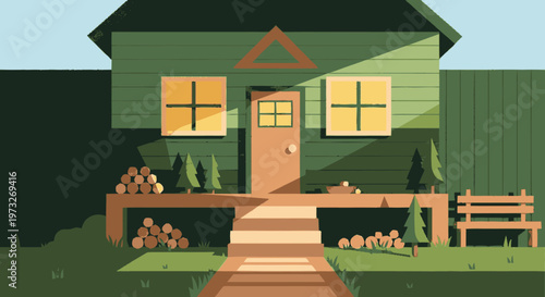 Green house with wooden stairs and door.