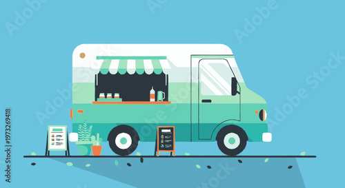 Green food truck on the road.