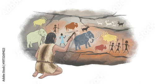 Cave man looking at ancient wall.