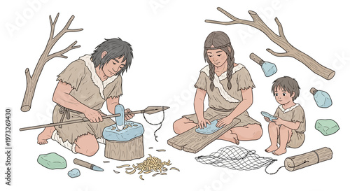 Family in ancient times making tools.