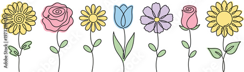 Continuous line drawing of a delightful set of flowers (chrysanthemum, rose, daisy, tulip, cosmos, rosebud, sunflower) in soft pastel colors on a white / transparent background. Vector