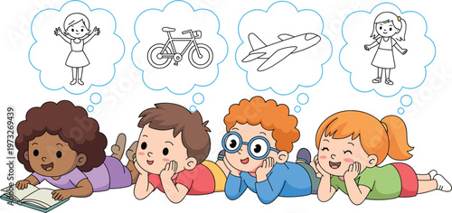 Cartoon children in colorful vector illustration of imagination, dreams, and creative thought bubbles design