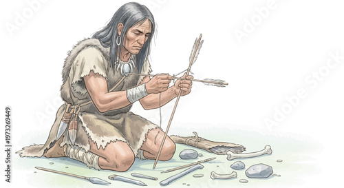 Man making stone tools ancient times.