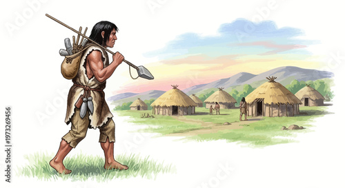 Native American man walking profile.