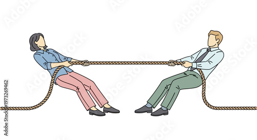Businessman and businesswoman playing tug of war.