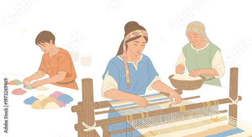 People weaving on a loom together.