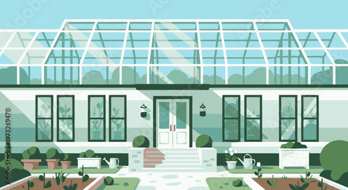 Greenhouse with glass roof and doors.