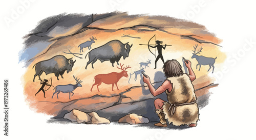 Caveman hunting mammoths and animals.