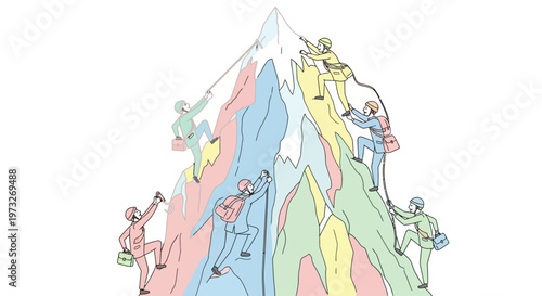 People climbing mountain in teamwork.