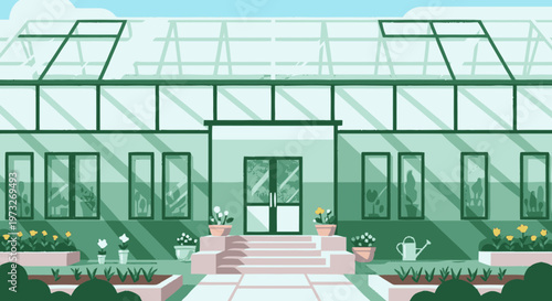 Greenhouse with glass roof and walls.