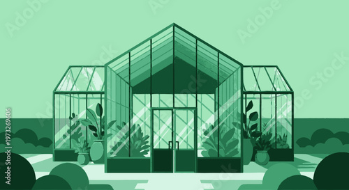 Greenhouse with plants and glass walls.