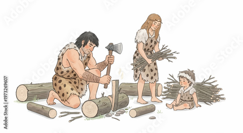 Caveman building with wooden logs tools.
