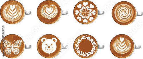 Cartoon coffee cups in colorful vector illustration of latte art designs with creative patterns and barista style