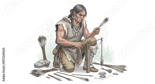 Man making stone tools ancient craft.