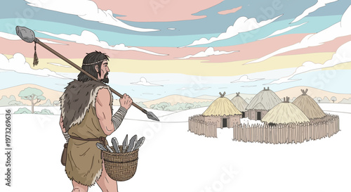 Ancient man with spear and basket.