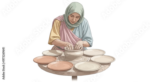 Woman working with clay pottery.