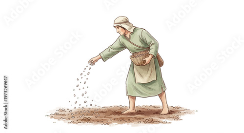 Woman scattering seeds on the ground.