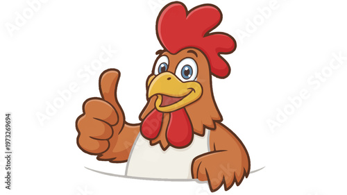 A cartoon illustration of a friendly rooster gives a thumbs up