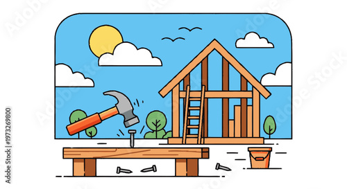 Hammer on wooden workbench outside.