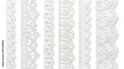 A collection of white lace strips with intricate patterns and designs on a black background for fashion and textile inspiration