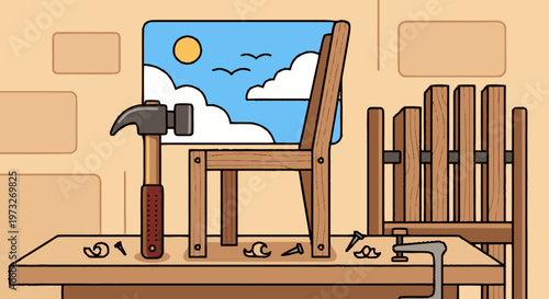 Hammer on workbench with nails screws.