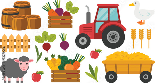 Cartoon farm life in colorful vector illustration of tractor, animals, crops, and harvest design
