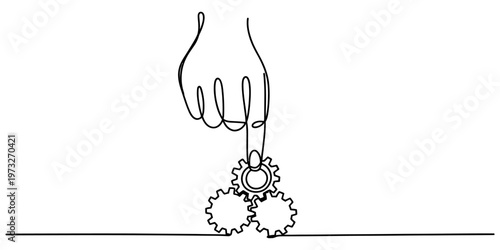 A continuous line drawing of a human finger carefully placing a gear onto a mechanical assembly