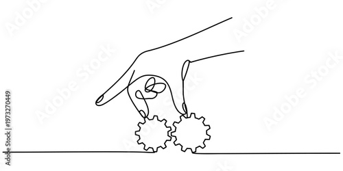 A continuous line drawing of a hand manipulating two interlocking gears on a flat surface area.