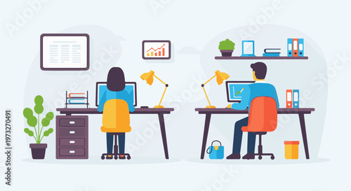 Two people working at desks in an office environment.