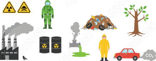 Cartoon pollution hazards in colorful vector illustration of factory smoke, toxic waste, garbage, and CO₂ emission design