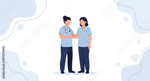 Two nurses in scrubs shaking hands, symbolizing teamwork and healthcare collaboration.