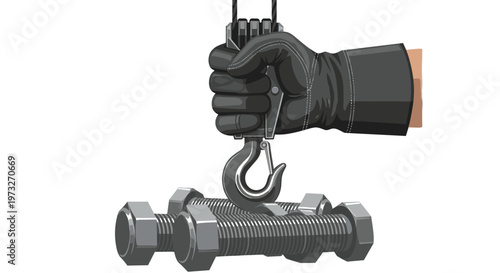 A strong hand wearing a black protective work glove grips a heavy metal crane hook while lifting several large threaded industrial steel bolts together.