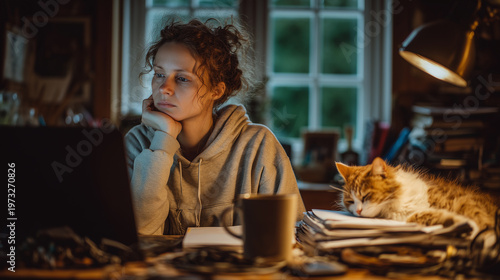 Tired woman working on laptop in messy home office at twilight.