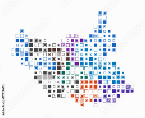 South Sudan, shape of the country build of colored cells. Digital style map of the South Sudan on white background. Large size square blocks. Vibrant vector illustration.