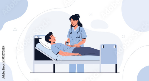 Nurse Administering Injection to Patient in Hospital Bed, Medical Care Illustration