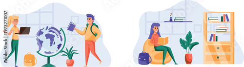 Students exploring global education and research in a modern learning environment