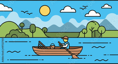 Man rowing boat on a lake.