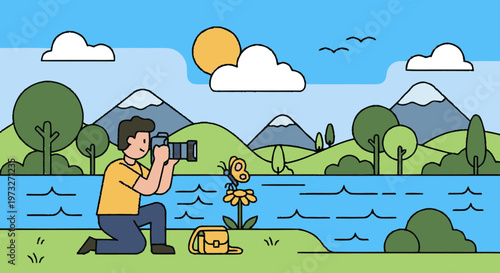 Man taking photo with camera outdoors.